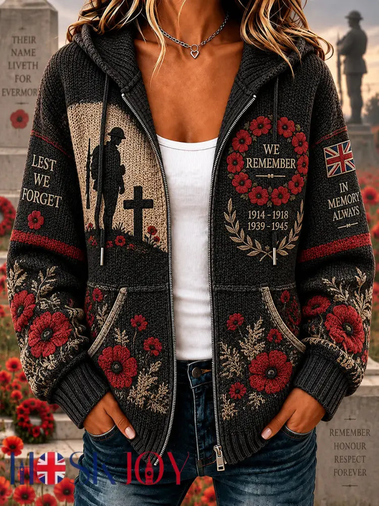 Women’s Remembrance Day Veteran Commemorative Print Knit Hoodie - A / S