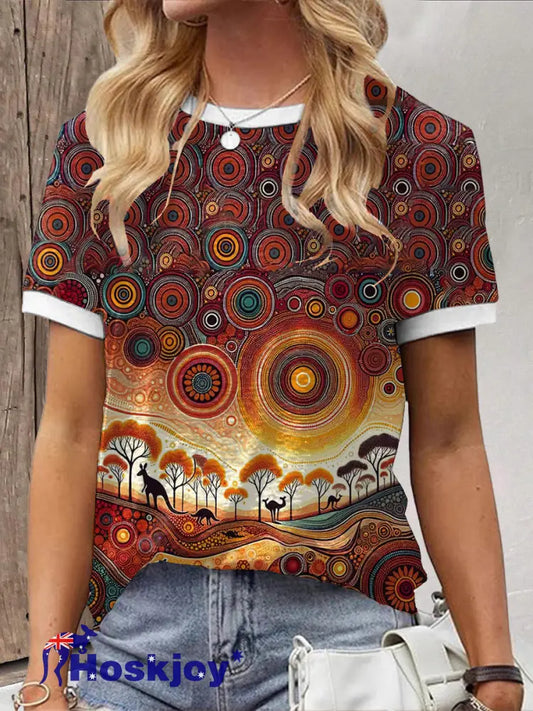 Women’s Retro Australian Desert Pointillism Art Print Casual Cotton Short Sleeve T-Shirt As picture / S