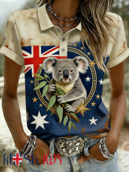 Women’s Retro Australian Flag Badge Koala Short-Sleeve Polo Shirt - Apricot / S