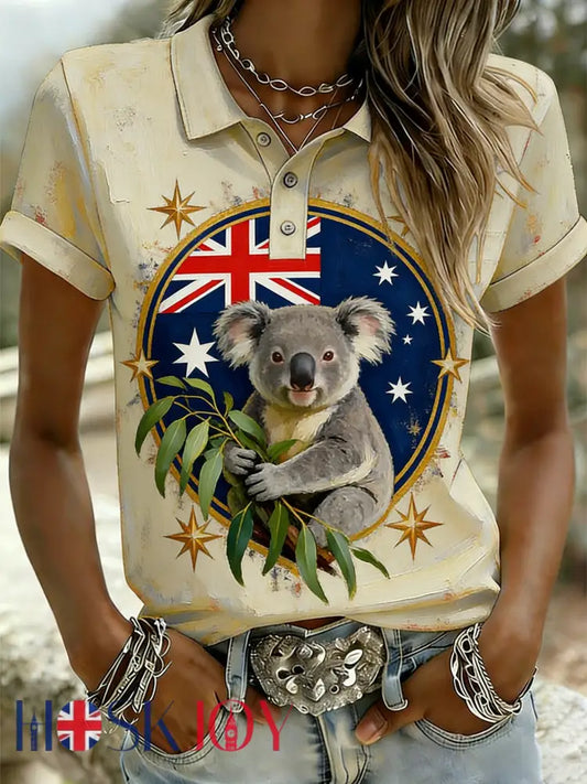 Women’s Retro Australian Flag Badge Koala Short-Sleeve Polo Shirt - Apricot / S