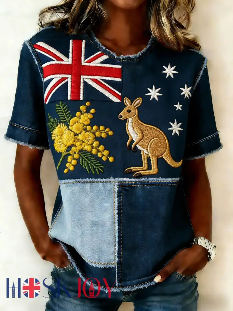 Women’s Retro Australian Flag Badge Patchwork Short-Sleeve T-Shirt - Blue / S