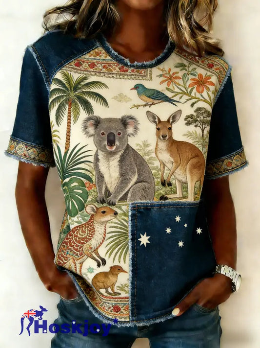 Women’s Retro Australian Flag Emblem Animal Casual Comfortable T-Shirt Blue / S