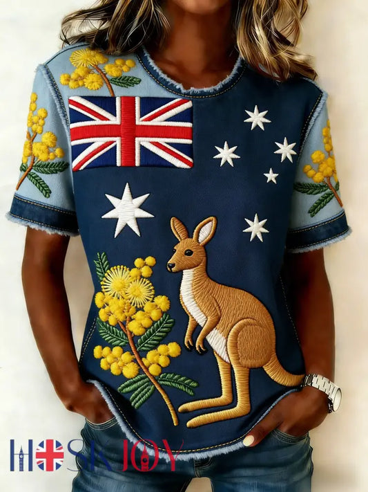 Women’s Retro Australian Kangaroo Patchwork Art Casual Comfortable Short Sleeve T-Shirt Blue / S