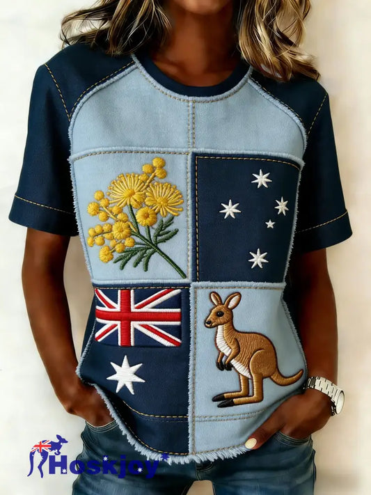 Women’s Retro Australian Kangaroo Patchwork Art Casual Comfortable Short Sleeve T-Shirt Blue / S