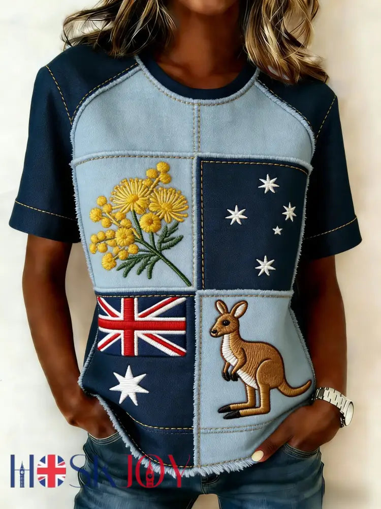Women’s Retro Australian Kangaroo Patchwork Art Casual Comfortable Short Sleeve T-Shirt Blue / S