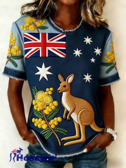 Women’s Retro Australian Kangaroo Patchwork Art Casual Comfortable Short Sleeve T-Shirt Blue / S