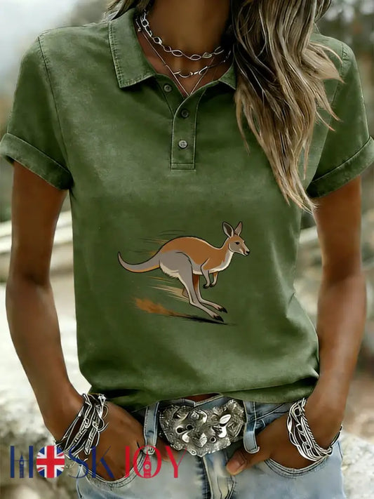 Women’s Retro Australian Kangaroo Run Art Casual Comfortable Short Sleeve T-Shirt Green / S
