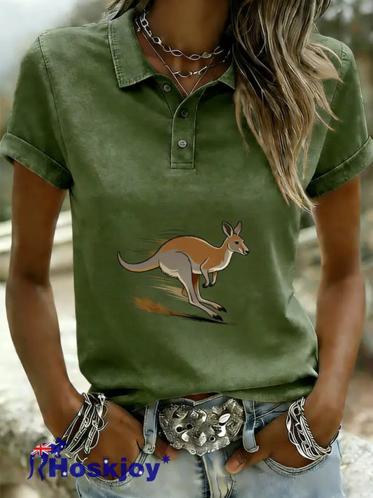 Women’s Retro Australian Kangaroo Run Art Casual Comfortable Short Sleeve T-Shirt Green / S