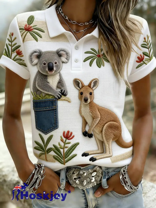 Women’s Retro Australian Koala and Kangaroo Art Short-Sleeve T-Shirt White / S