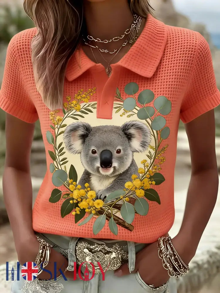 Women’s Retro Australian Koala Art Casual Waffle Short Sleeve T-Shirt Orange / S