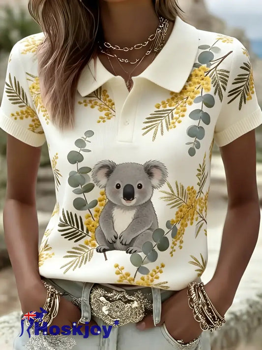 Women’s Retro Australian Koala Floral Art Casual Comfortable Short Sleeve T-Shirt Beige / S