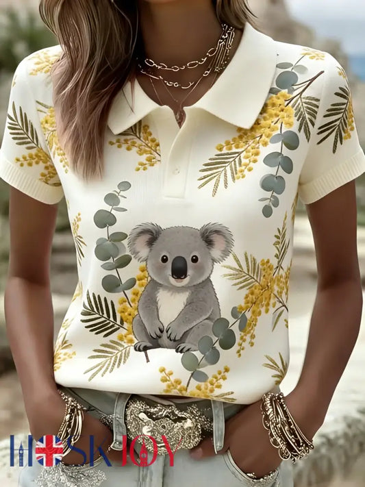 Women’s Retro Australian Koala Floral Art Casual Comfortable Short Sleeve T-Shirt Beige / S