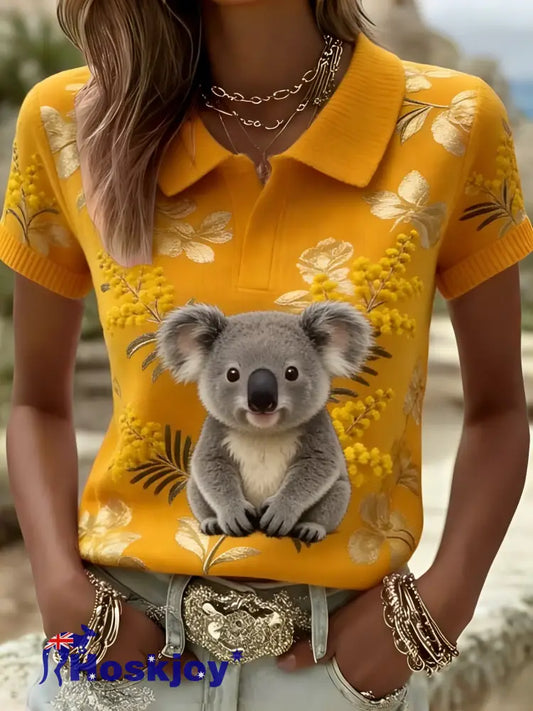 Women’s Retro Australian Koala Floral Art Casual Comfortable Short Sleeve T-Shirt Orange / S