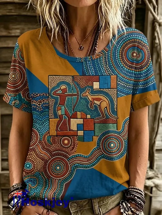 Women’s Retro Australian NAIDOC Week Art Printed T-shirt - Blue / S