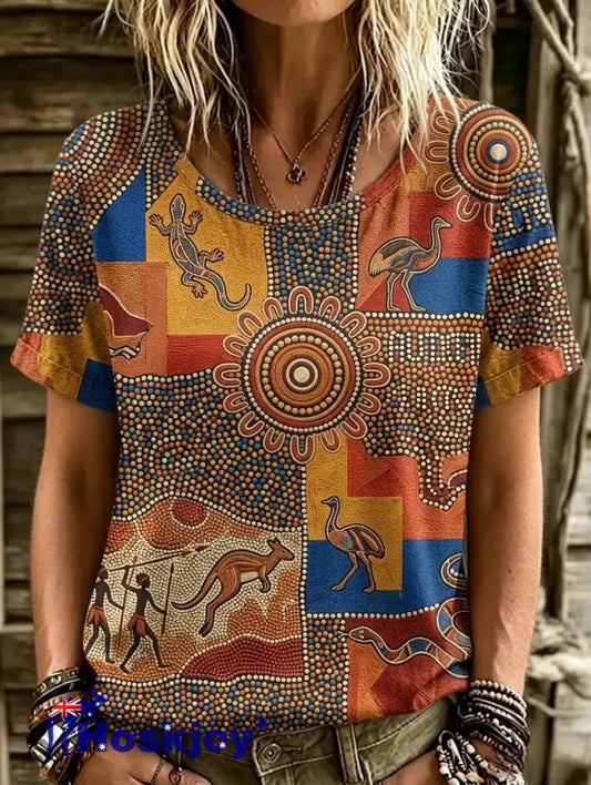 Women’s Retro Australian NAIDOC Week Art Printed T-shirt - Orange / S