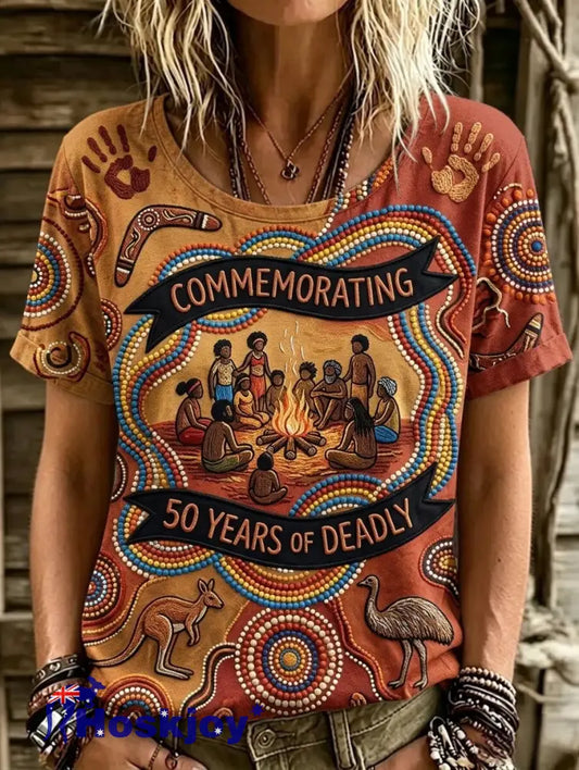 Women’s Retro Australian NAIDOC Week Art Printed T-shirt - Orange / S