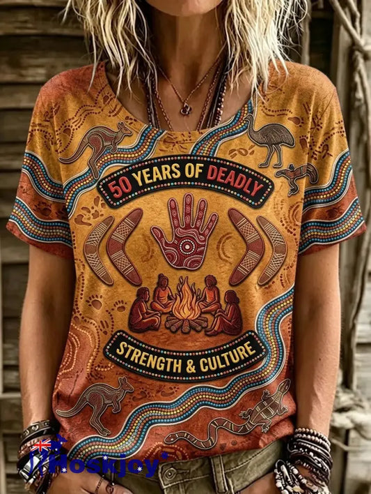 Women’s Retro Australian NAIDOC Week Art Printed T-shirt - Orange / S