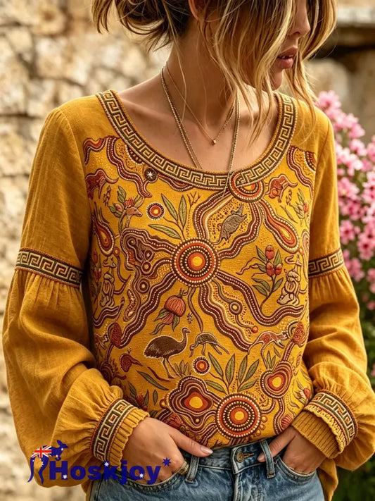 Women’s Retro Australian NAIDOC Week Art Printed Top - Brown / S