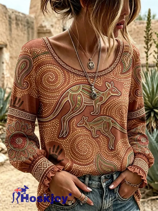 Women’s Retro Australian NAIDOC Week Art Printed Top - Orange / S
