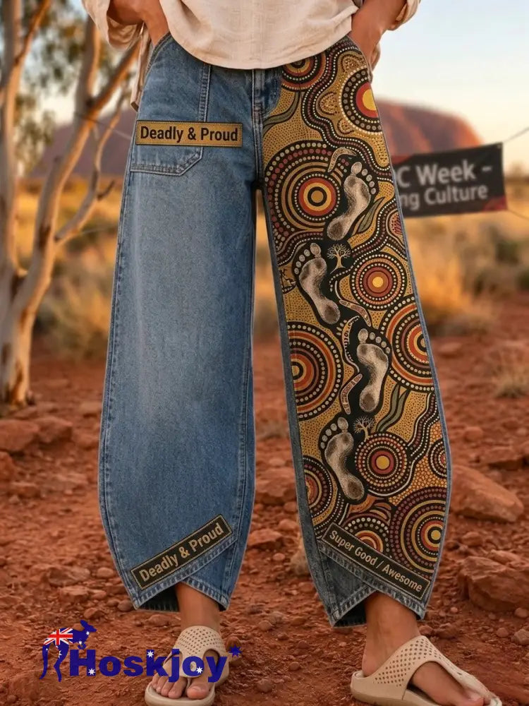 Women’s Retro Australian NAIDOC Week Deadly Pride Art Print Flared Trousers - Blue / S