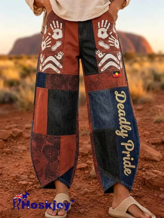 Women’s Retro Australian NAIDOC Week Deadly Pride Art Print Flared Trousers - Brown / S