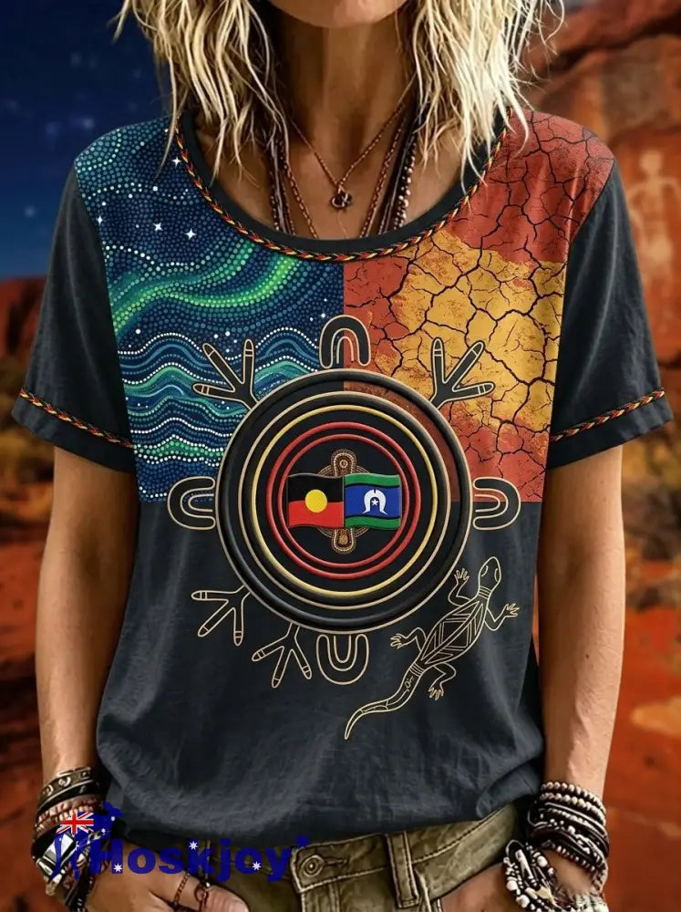Women’s Retro Australian NAIDOC Week Deadly Pride Art Printed Short-Sleeve T-Shirt - Black / S