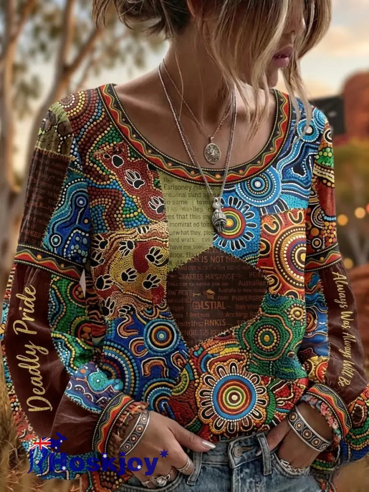 Women’s Retro Australian NAIDOC Week Deadly Pride Art Printed Top - Brown / S