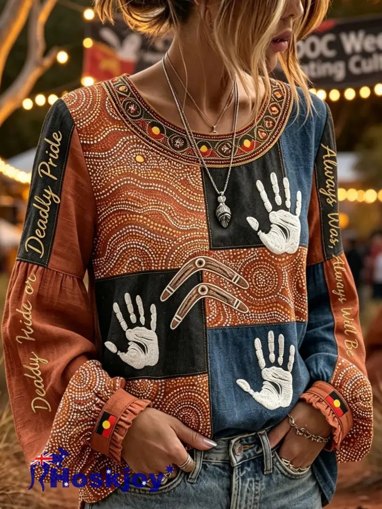 Women’s Retro Australian NAIDOC Week Deadly Pride Art Printed Top - Brown / S
