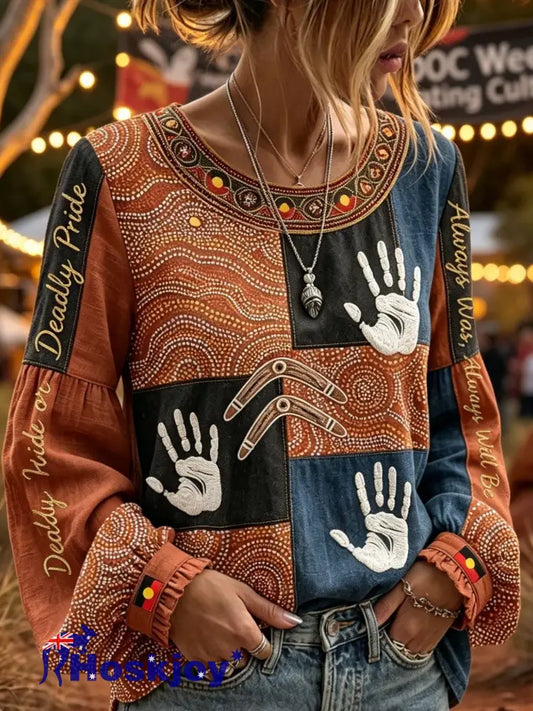 Women’s Retro Australian NAIDOC Week Deadly Pride Art Printed Top - Brown / S