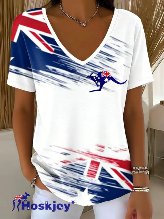 Women’s Retro Happy Australia Day Flag Badge Print Casual Short-Sleeved V-Neck T-Shirt White / S