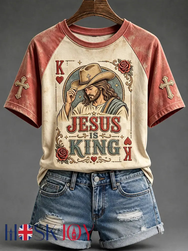 Women’s Retro Jesus Is King Playing Card Art Print Round Neck Short Sleeve T-shirt - Brick Red / S