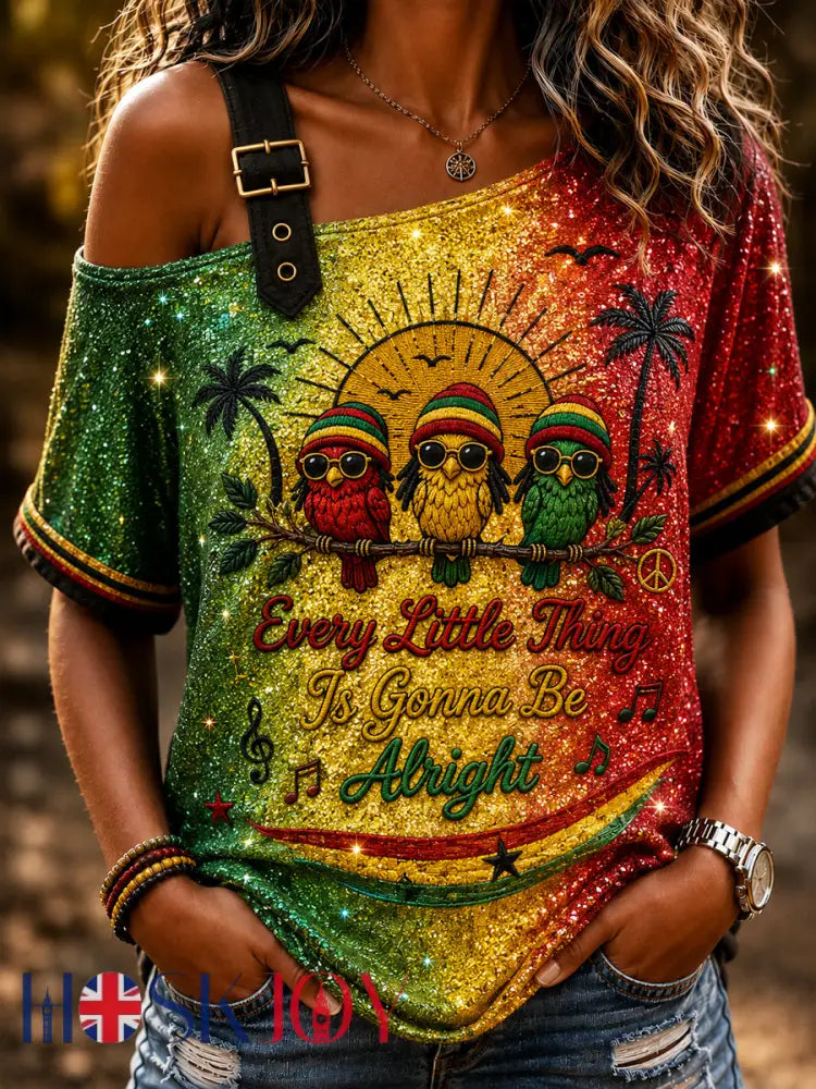 Women’s Retro Reggae Ombré Casual Off-the-Shoulder T-Shirt - As picture / S