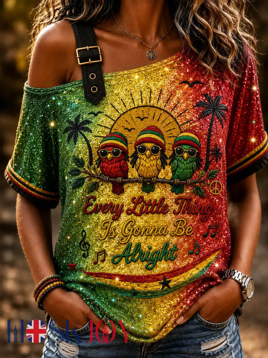 Women’s Retro Reggae Ombré Casual Off-the-Shoulder T-Shirt - As picture / S