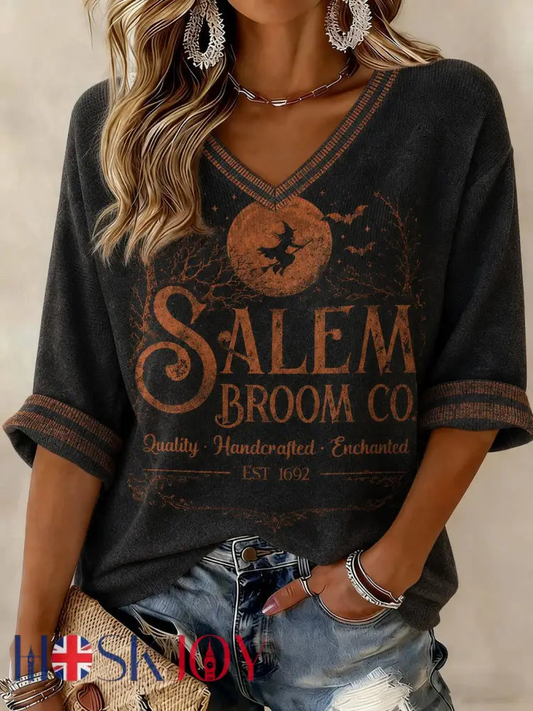 Women’s Salem Broom Company Printed Mid-length Sleeves V-neck T-shirt - Black / S