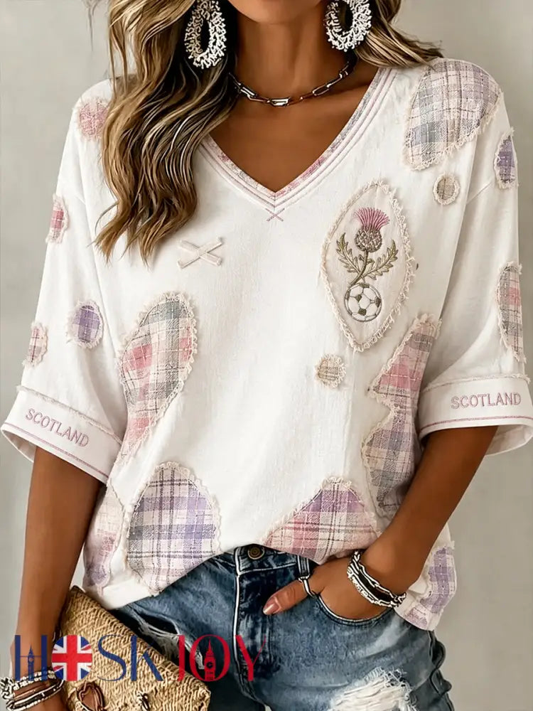 Women’s Scotland Football Pattern Linen V-Neck Shirt - A / S