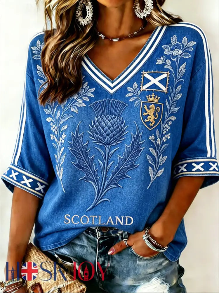 Women’s Scotland Printed Mid-length Sleeves V-Neck T-Shirt - Blue / S