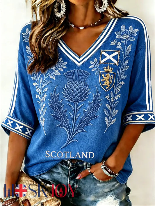 Women’s Scotland Printed Mid-length Sleeves V-Neck T-Shirt - Blue / S