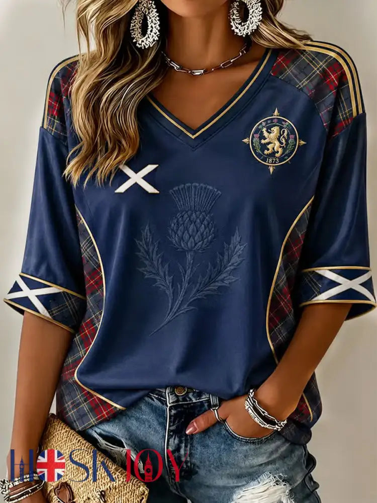 Women’s Scotland Printed Mid-length Sleeves V-Neck T-Shirt - Navy Blue / S