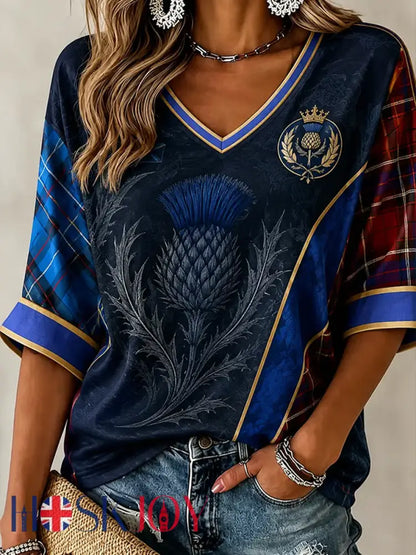 Women’s Scotland Printed Mid-length Sleeves V-Neck T-Shirt - Navy Blue / S