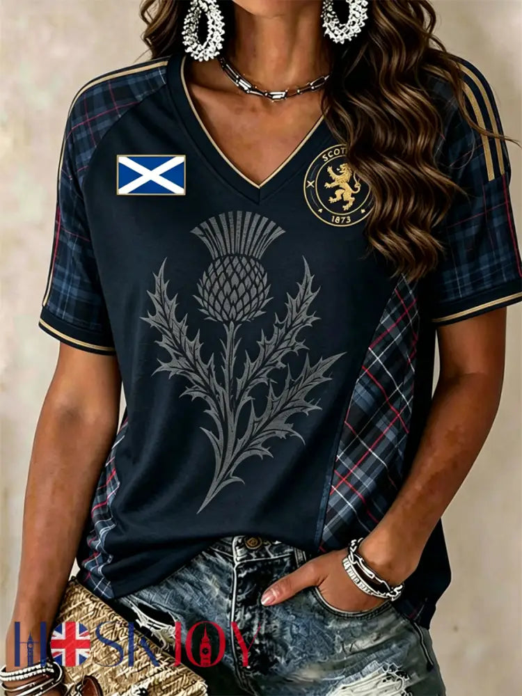 Women’s SCOTLAND Printed V-neck off-shoulder short-sleeved T-shirt - Navy Blue / S
