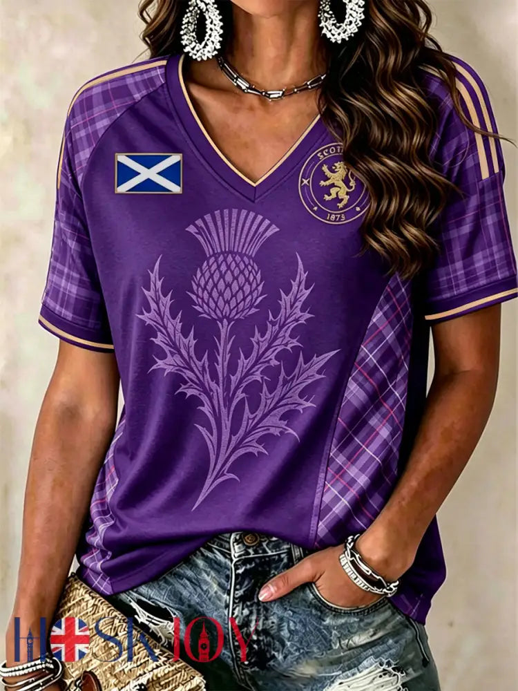 Women’s SCOTLAND Printed V-neck off-shoulder short-sleeved T-shirt - Purple / S