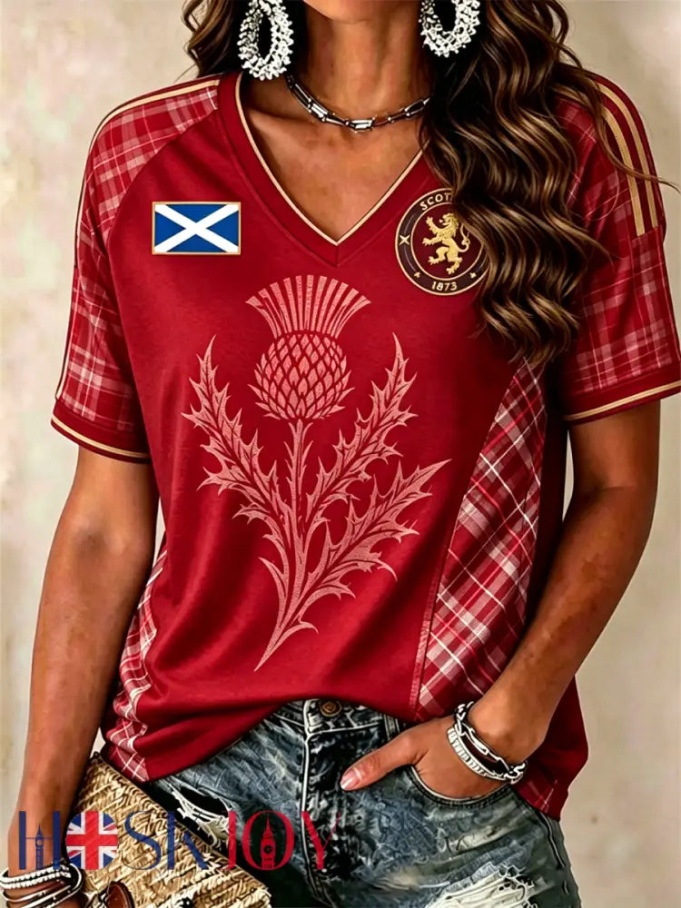 Women’s SCOTLAND Printed V-neck off-shoulder short-sleeved T-shirt - Red / S