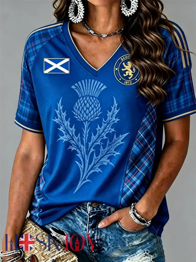 Women’s SCOTLAND Printed V-neck off-shoulder short-sleeved T-shirt - Royal Blue / S