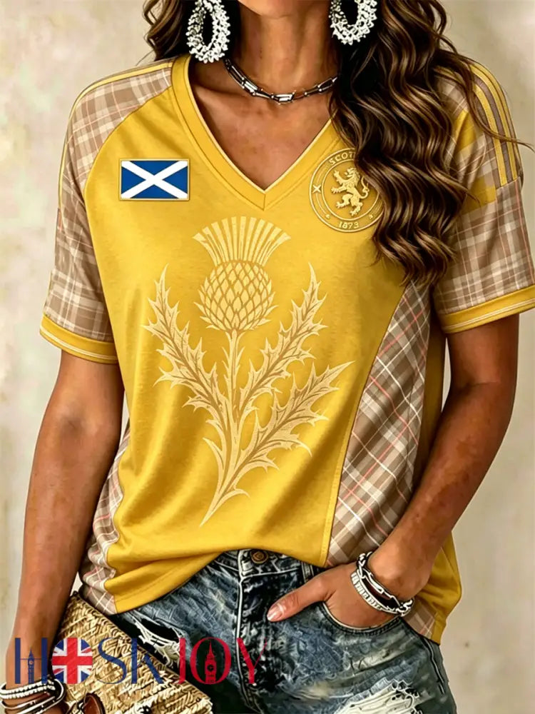 Women’s SCOTLAND Printed V-neck off-shoulder short-sleeved T-shirt - Yellow / S