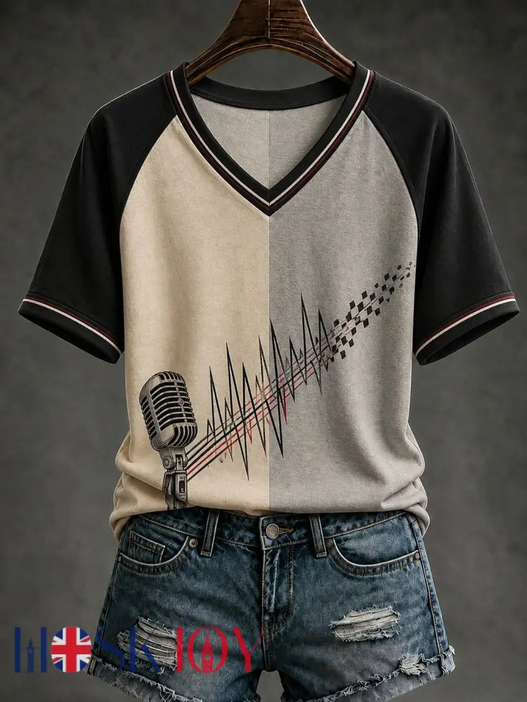 Women’s Ska Revival Style Printed V-neck T-shirt - As picture / S