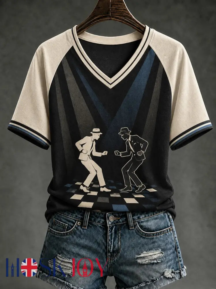 Women’s Ska Revival Style Printed V-neck T-shirt - As picture / S