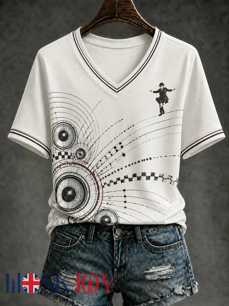 Women’s Ska Revival Style Printed V-neck T-shirt - White / S