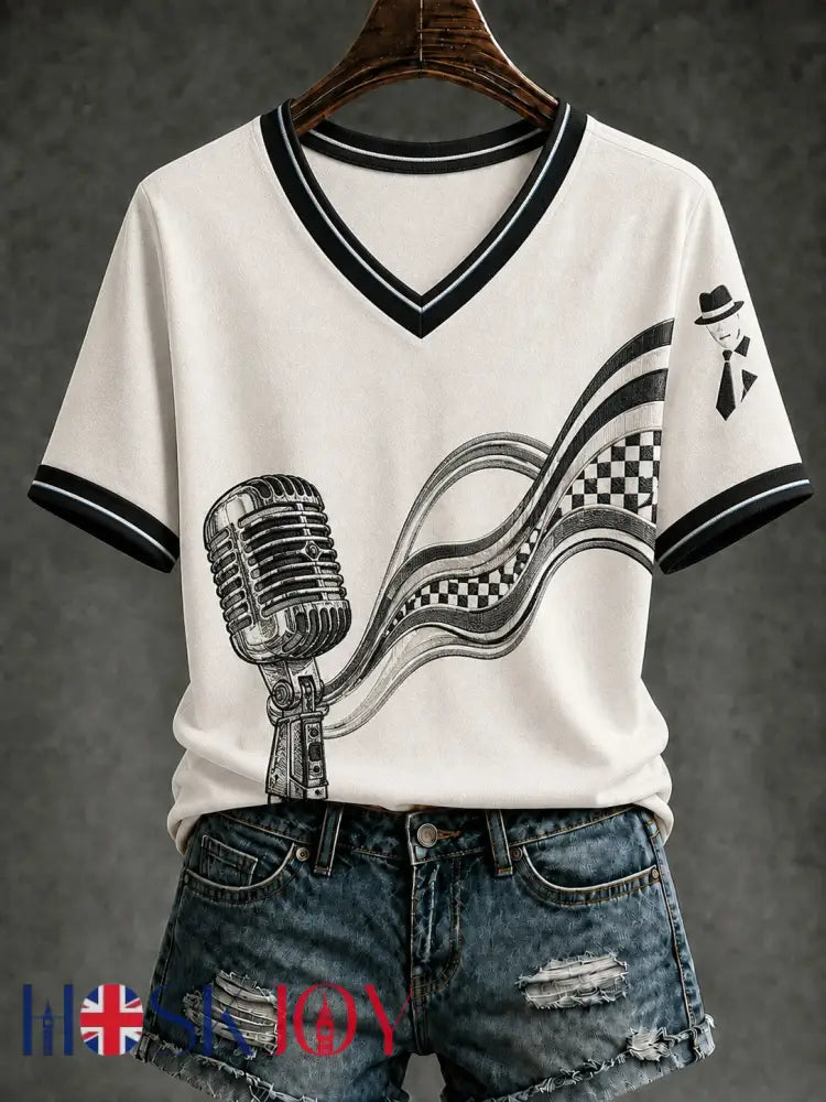 Women’s Ska Revival Style Printed V-neck T-shirt - White / S