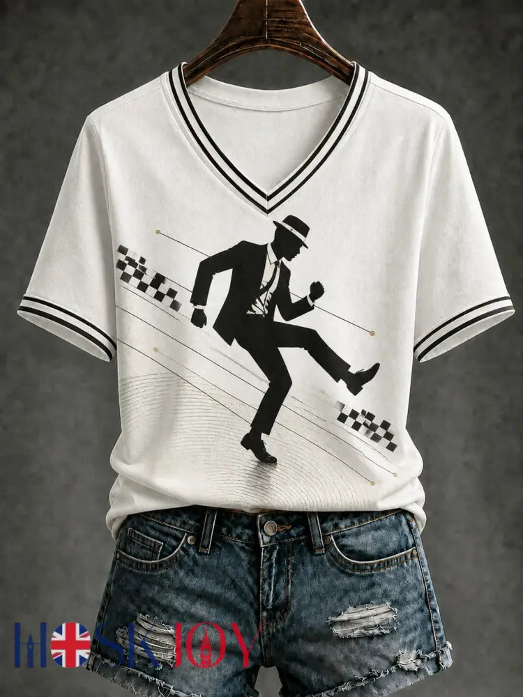 Women’s Ska Revival Style Printed V-neck T-shirt - White / S