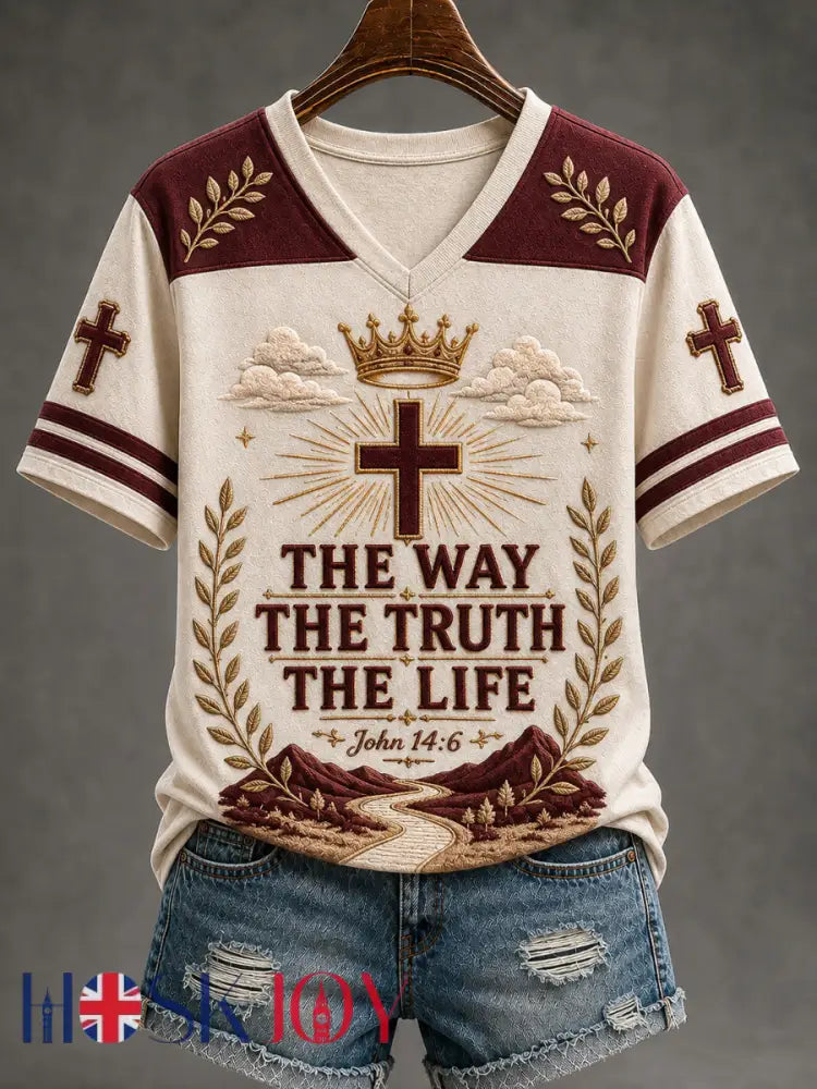 Women’s The Way The Truth The Life Print Casual V-Neck Tee - Apricot / S